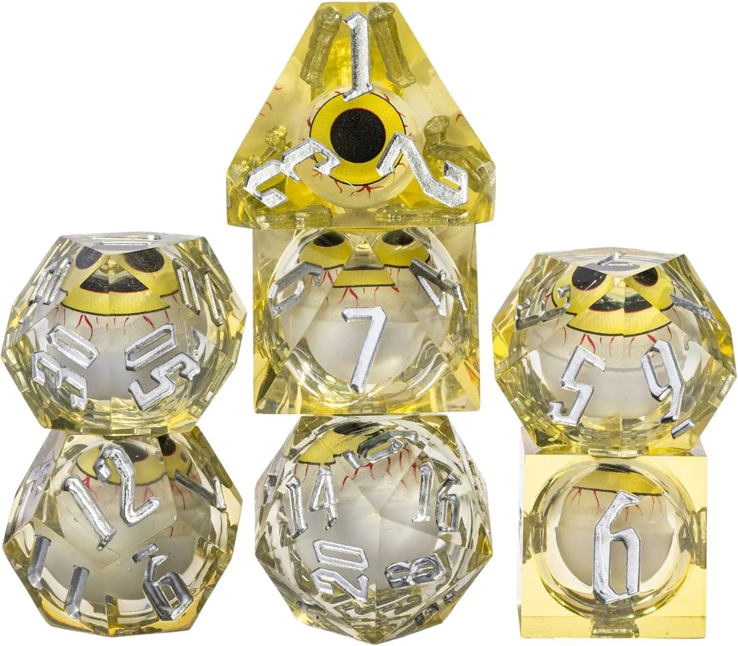 Cusdie 7-Die Liquid Core Eye Dice Handmade DND Dice Set Sharp Edges, Floating Eyeball Dice for Dungeons and DragonsTabletop Role Playing Game(Yellow Eyeball)