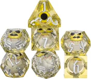 Cusdie 7-Die Liquid Core Eye Dice Handmade DND Dice Set Sharp Edges, Floating Eyeball Dice for Dungeons and DragonsTabletop Role Playing Game(Yellow Eyeball)