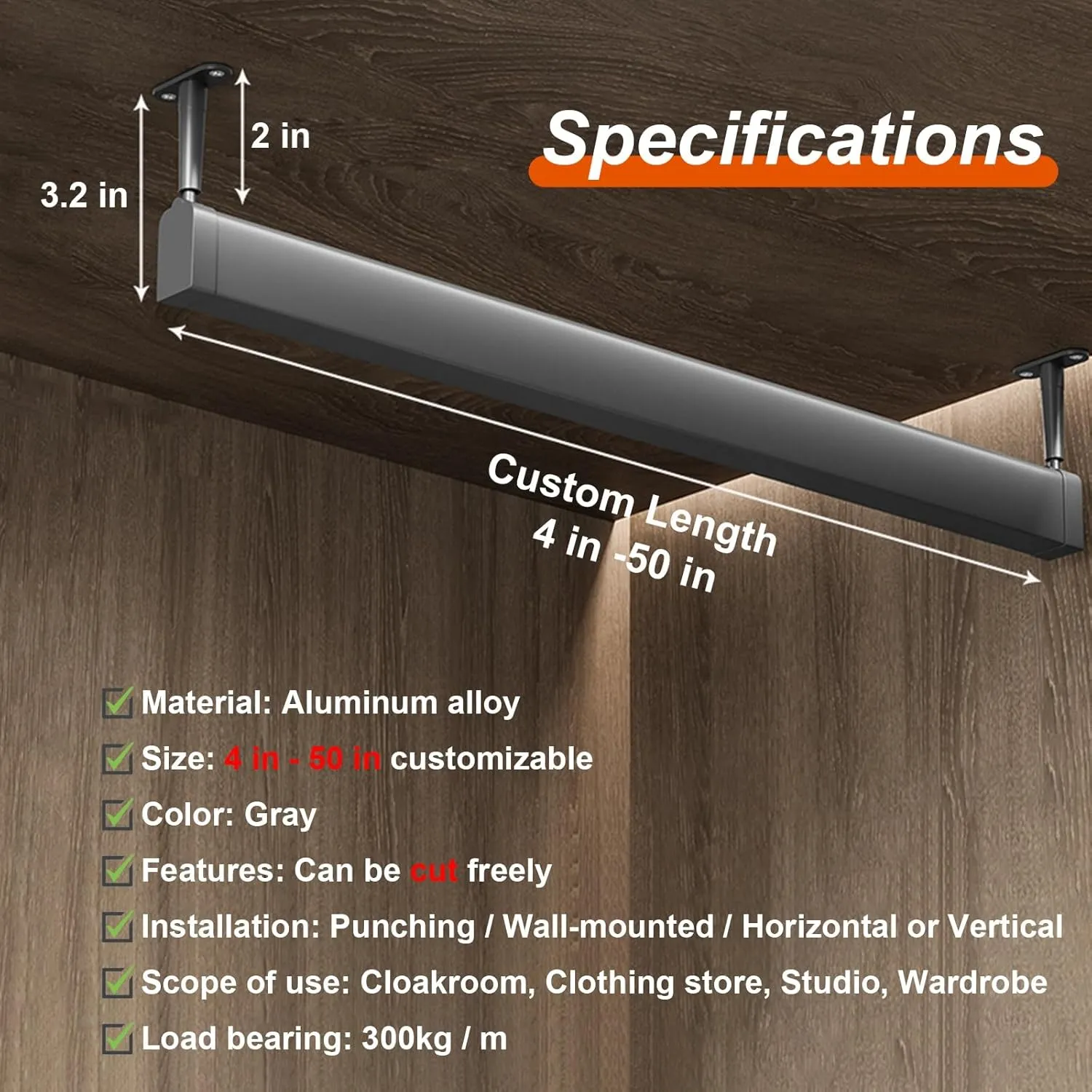 Custom Length Closet Rods for Hanging Clothes Heavy Duty, Commercial Home Aluminum Alloy Garment Bar with End Supports, Cuttable Grey Wardrobe Pole(20.5 in)