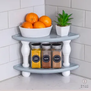 DAILY RITMO Corner Counter Wood Shelf | Grey White Stackable Countertop Bathroom Organizer | Farmhouse Tray Riser Wooden Shelves 2-Pack | Rustic Decorative Pedestal Stand | Triangular Storage Pedestal