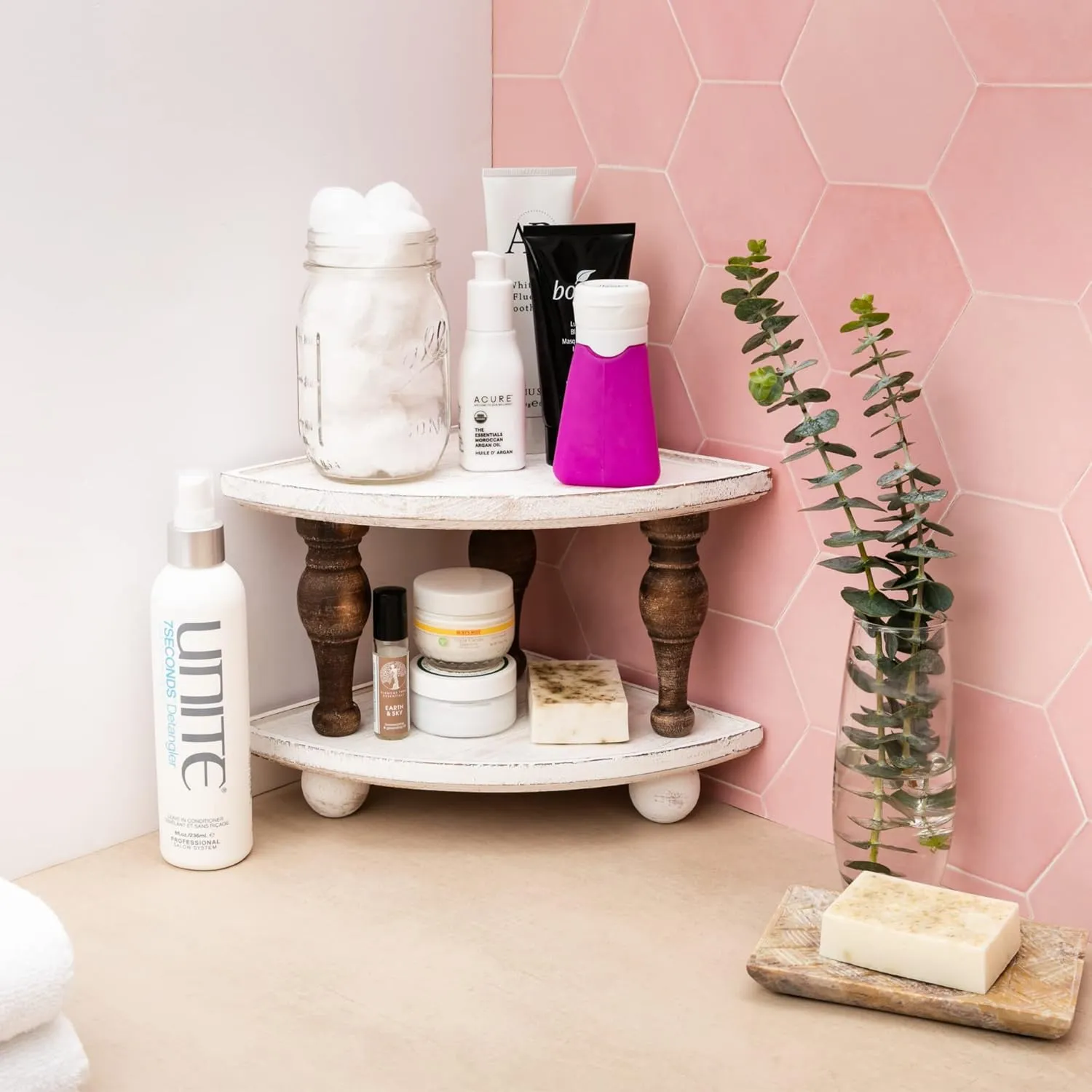 DAILY RITMO Corner Counter Wood Shelf | Stackable Countertop Bathroom Organizer | Farmhouse White Wash Tray Riser Wooden Shelves 2-Pack | Rustic Decorative Triangular Storage Pedestal Stand |