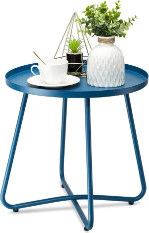 danpinera Outdoor Side Tables, Weather Resistant Steel Patio Side Table, Small Round Outdoor End Table Metal Side Table for Patio Yard Balcony Garden Bedside (Blue)