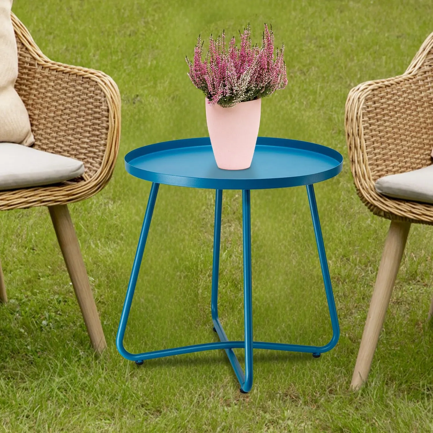 danpinera Outdoor Side Tables, Weather Resistant Steel Patio Side Table, Small Round Outdoor End Table Metal Side Table for Patio Yard Balcony Garden Bedside (Blue)