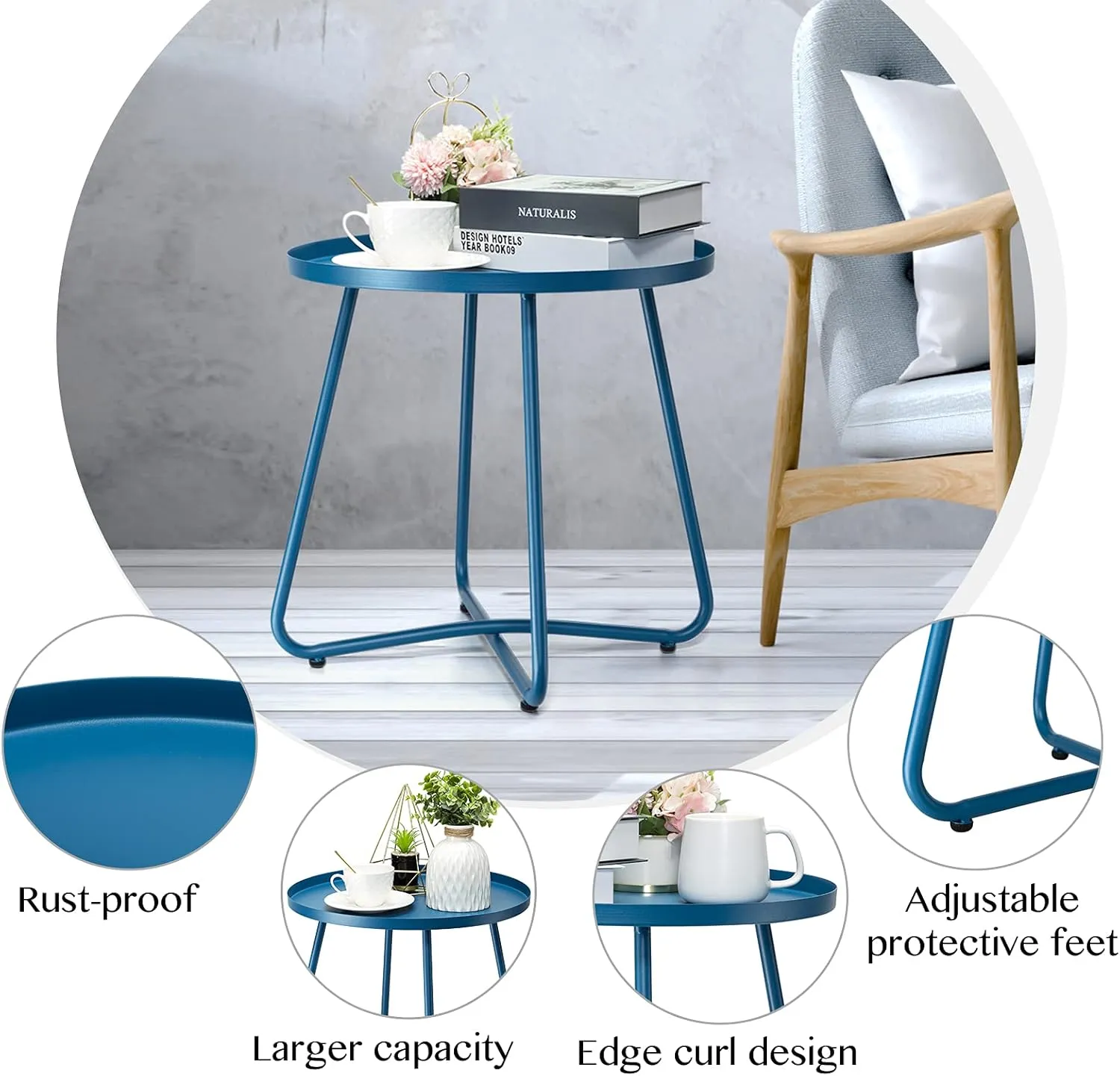danpinera Outdoor Side Tables, Weather Resistant Steel Patio Side Table, Small Round Outdoor End Table Metal Side Table for Patio Yard Balcony Garden Bedside (Blue)
