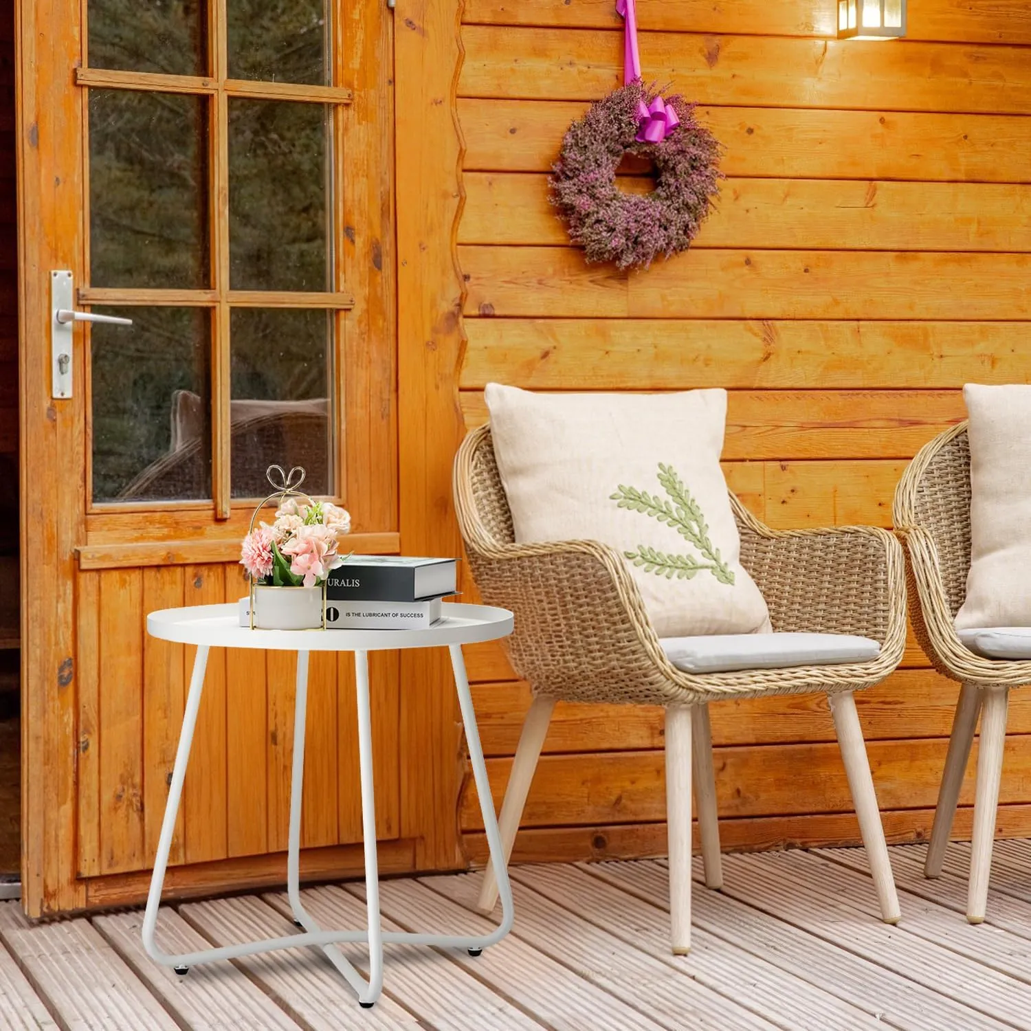 danpinera Outdoor Side Tables, Weather Resistant Steel Patio Side Table, Small Round Outdoor End Table Metal Side Table for Patio Yard Balcony Garden Bedside White