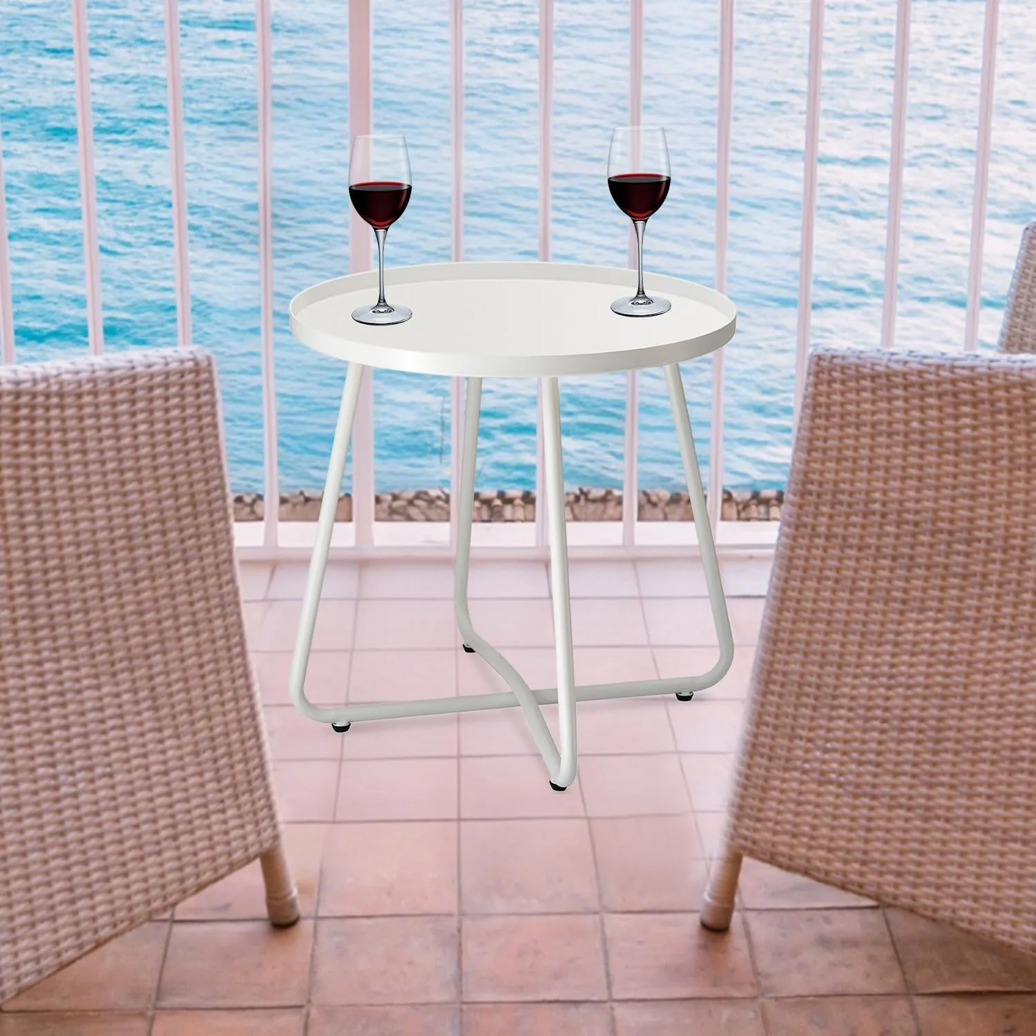 danpinera Outdoor Side Tables, Weather Resistant Steel Patio Side Table, Small Round Outdoor End Table Metal Side Table for Patio Yard Balcony Garden Bedside White