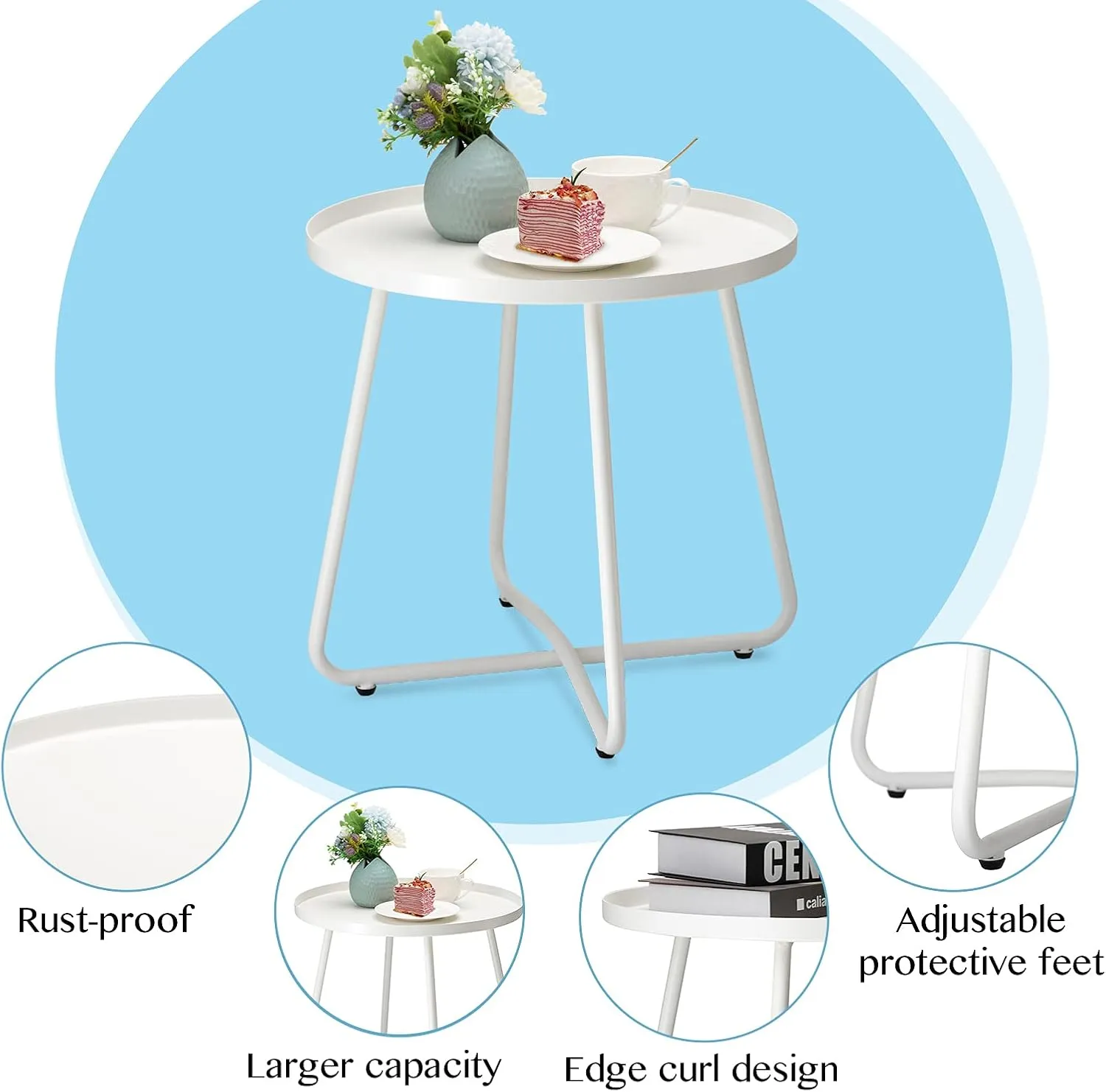danpinera Outdoor Side Tables, Weather Resistant Steel Patio Side Table, Small Round Outdoor End Table Metal Side Table for Patio Yard Balcony Garden Bedside White