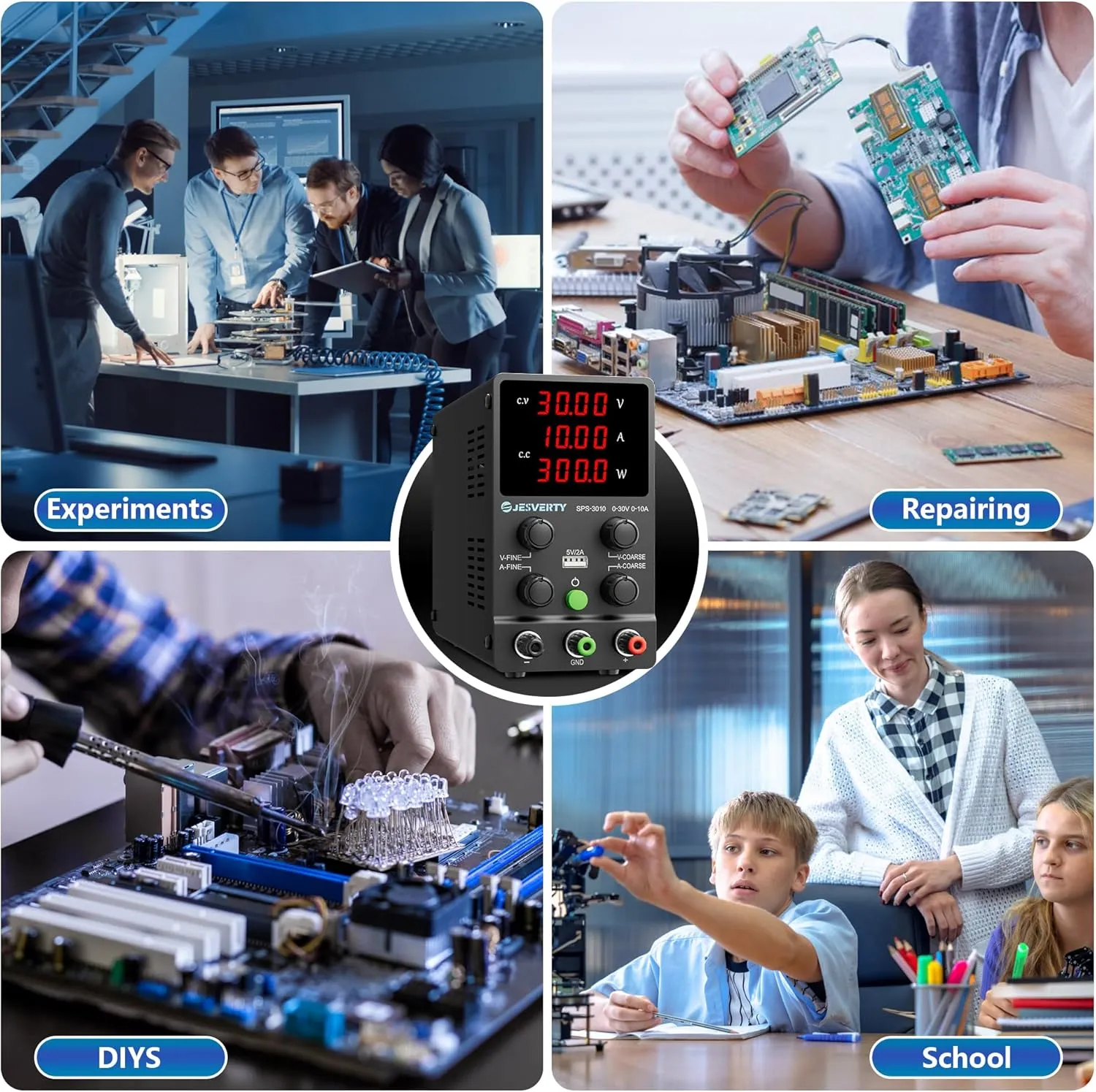 DC Power Supply Variable, 0-30V 0-10A Adjustable Switching DC Regulated Bench Power Supply with High Precision 4-Digit LED Display, 5V/2A USB Port, Coarse and Fine Adjustment SPS-3010