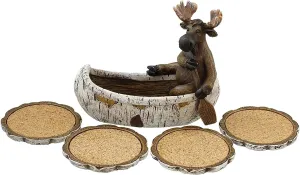 Decorative Moose Canoeing Coaster Set - 4 Rustic Cork Coasters & Holder Set