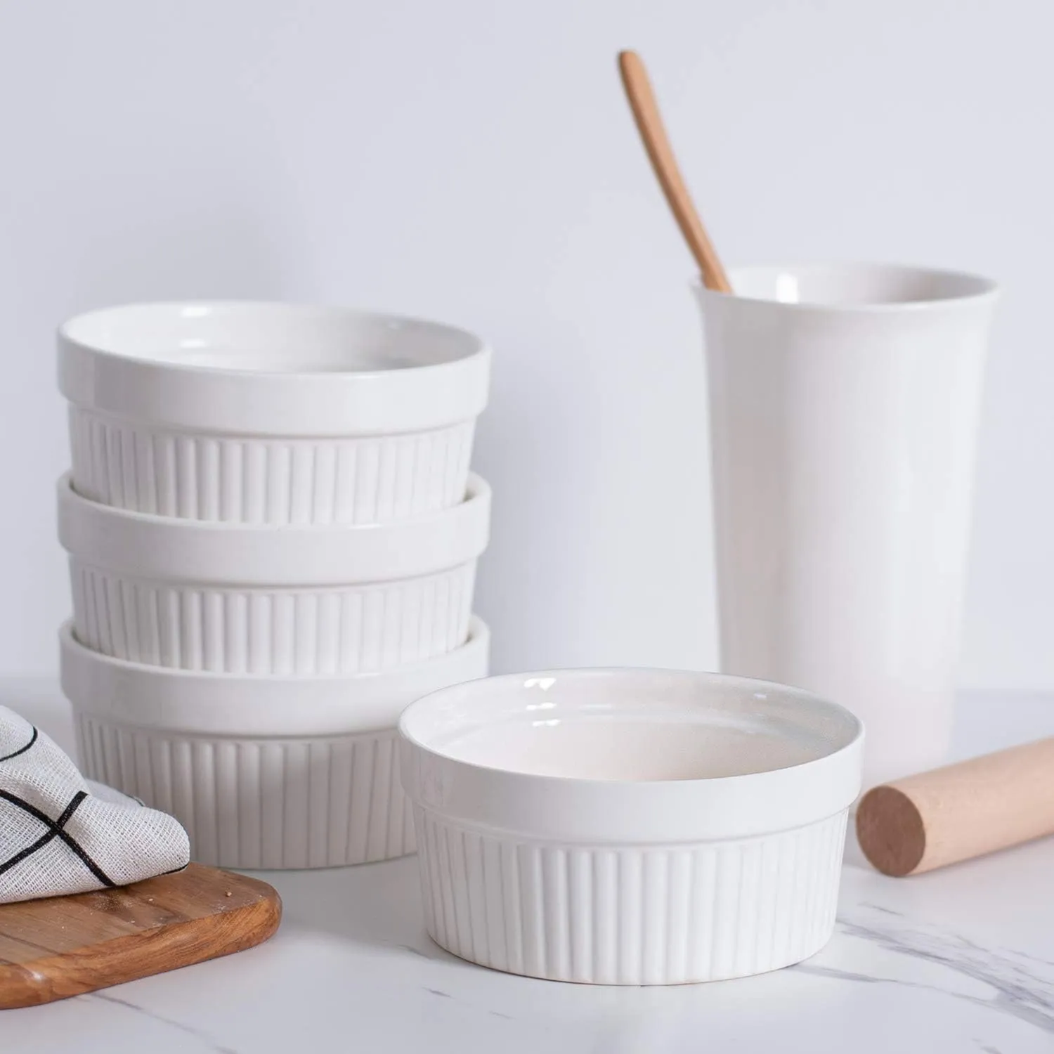 Delling Ramekins 12 Oz Oven Safe, Creme Brulee Set, 6 PACK Porcelain Souffle Dish for Baking, Soup Bowls for French Onion Soup White