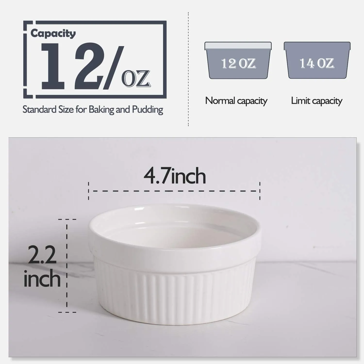 Delling Ramekins 12 Oz Oven Safe, Creme Brulee Set, 6 PACK Porcelain Souffle Dish for Baking, Soup Bowls for French Onion Soup White