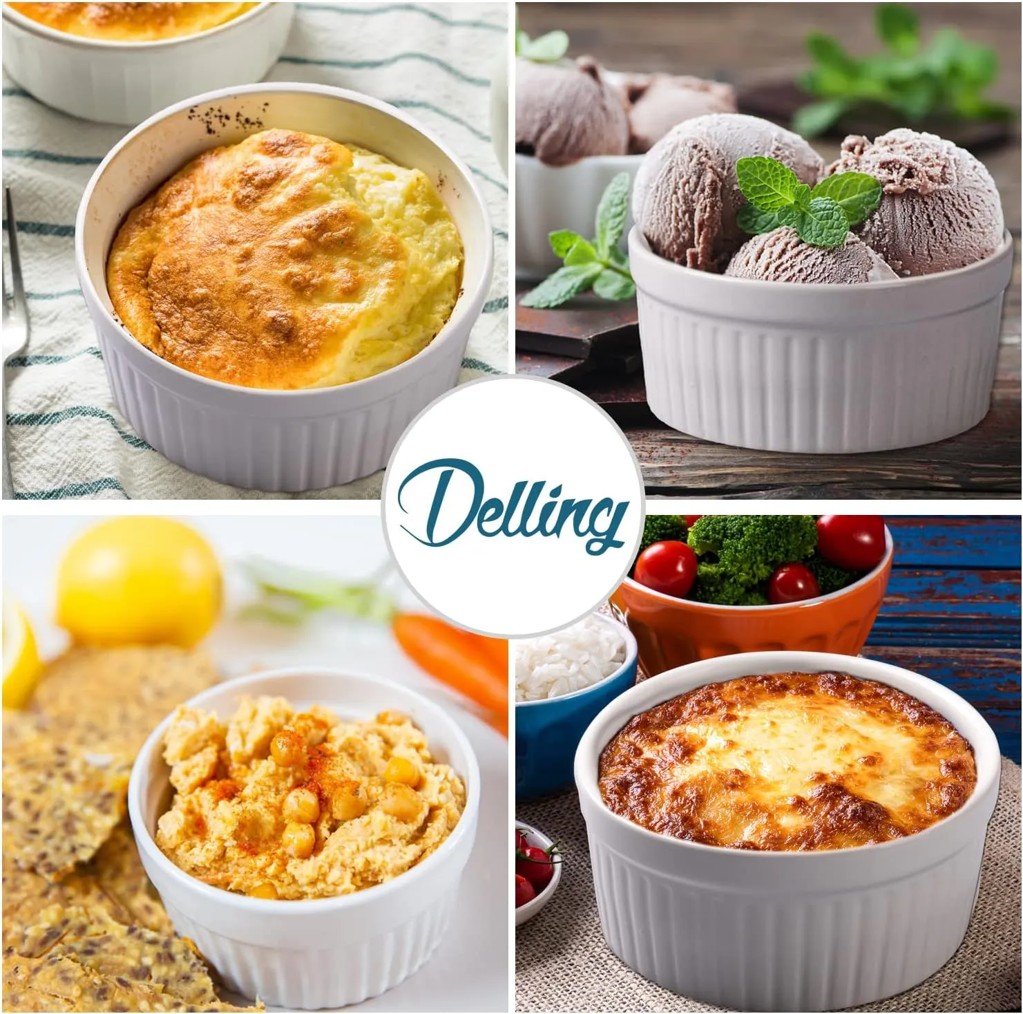 Delling Ramekins 12 Oz Oven Safe, Creme Brulee Set, 6 PACK Porcelain Souffle Dish for Baking, Soup Bowls for French Onion Soup White