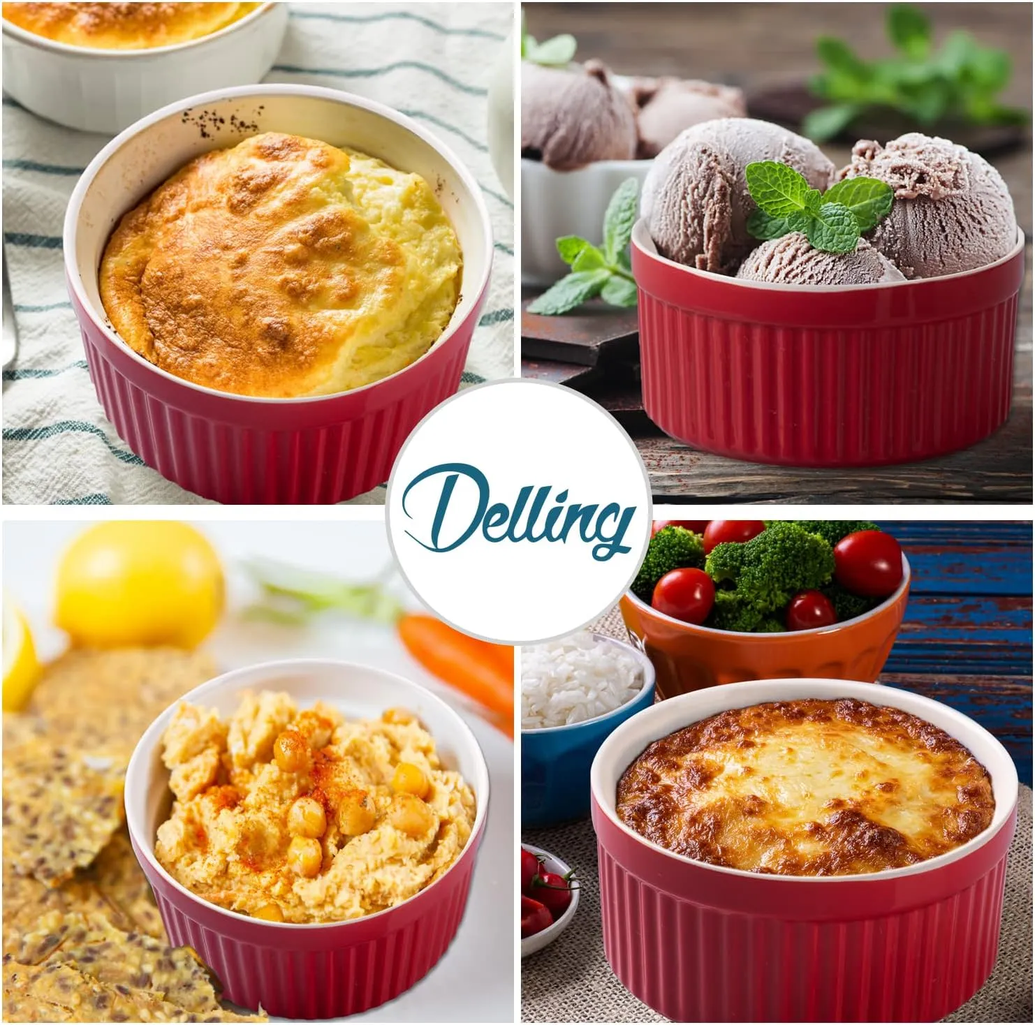 Delling Ramekins 12 Oz/Dessert Bowls, Ceramic Creme Brulee Set, Porcelain Souffle Dish Ramiken for Baking, Ice Cream, Snack, Small Serving Bowls Red Set of 6