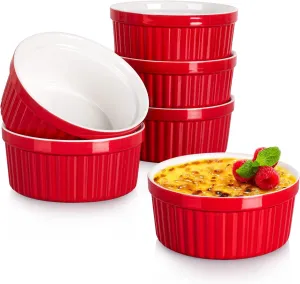 Delling Ramekins 12 Oz/Dessert Bowls, Ceramic Creme Brulee Set, Porcelain Souffle Dish Ramiken for Baking, Ice Cream, Snack, Small Serving Bowls Red Set of 6