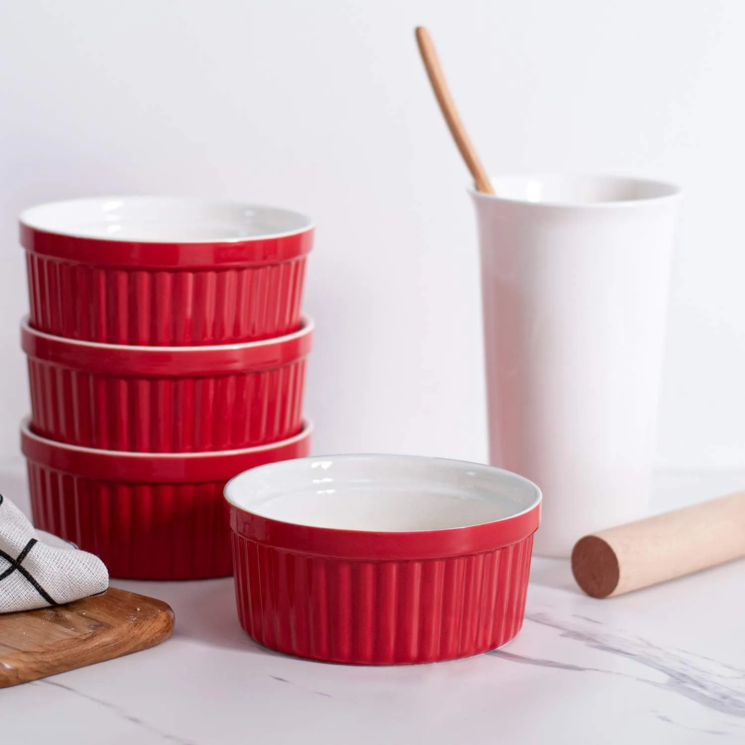 Delling Ramekins 12 Oz/Dessert Bowls, Ceramic Creme Brulee Set, Porcelain Souffle Dish Ramiken for Baking, Ice Cream, Snack, Small Serving Bowls Red Set of 6