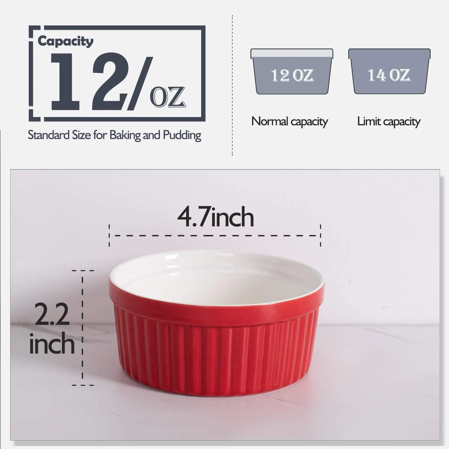 Delling Ramekins 12 Oz/Dessert Bowls, Ceramic Creme Brulee Set, Porcelain Souffle Dish Ramiken for Baking, Ice Cream, Snack, Small Serving Bowls Red Set of 6