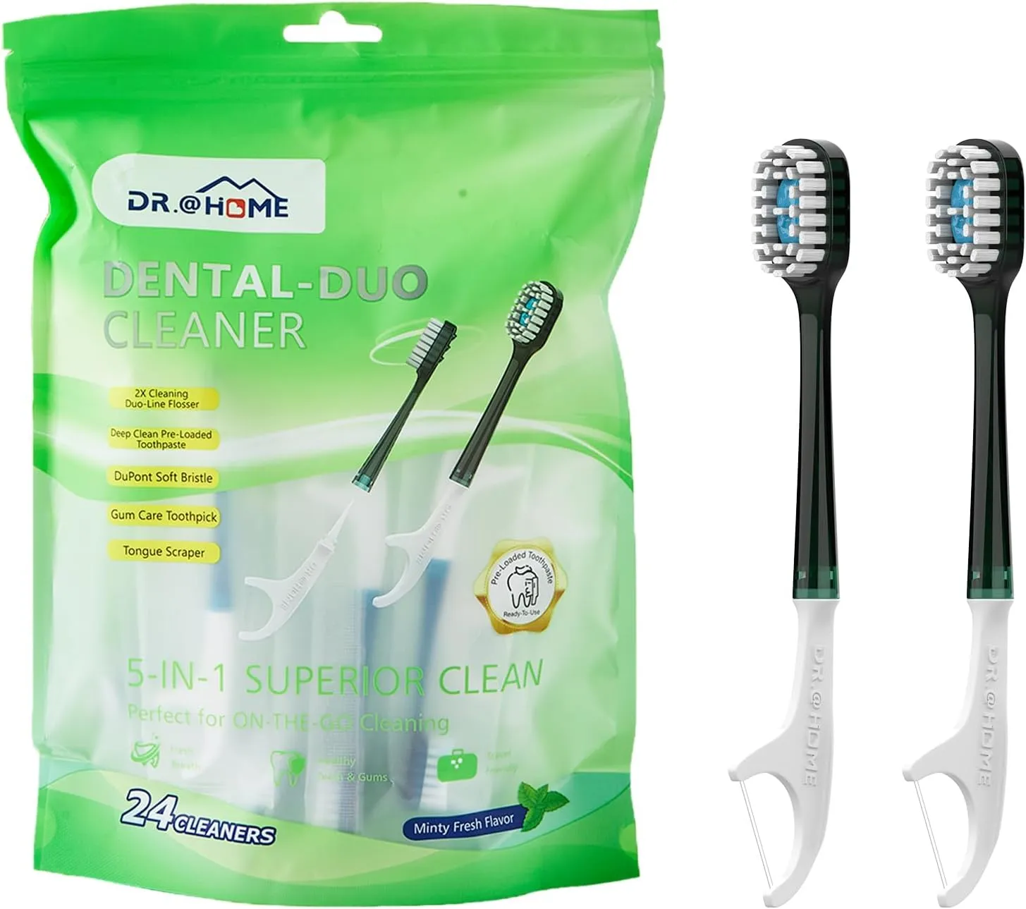 Dental Duo Disposable Travel Oral Care Set, Prepasted Toothbrush with Floss,Pick & Tongue Scraper | Individually Wrapped, Disposable Toothbrush(48count-2packs)