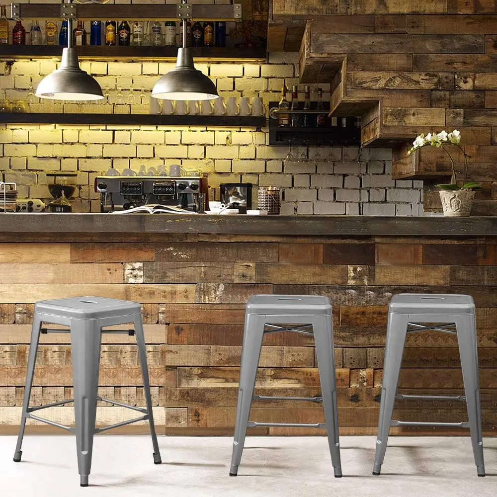 Devoko Metal Bar Stools 24" Indoor Outdoor Stackable Barstools Modern Style Industrial Vintage Counter Bar Stools Set of 4 (24 inch, Silver)