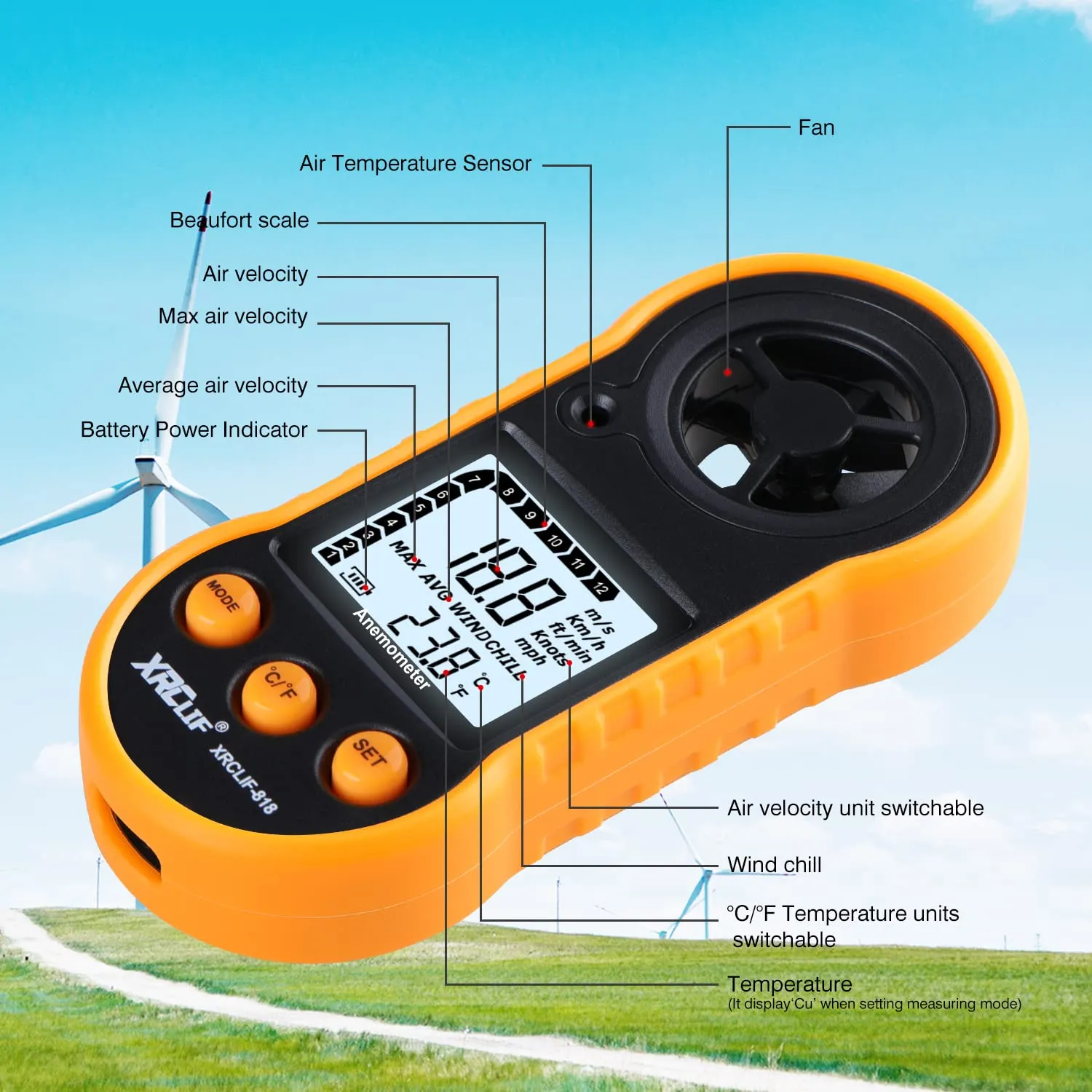 Digital Wind Speed Meter Anemometer Handheld Wind Gauges Air Flow Velocity Meter for Measuring Wind Chill Temperature Speed, Wind Meter Thermometer Gauge for Shooting Windsurfing Fishing Hunting
