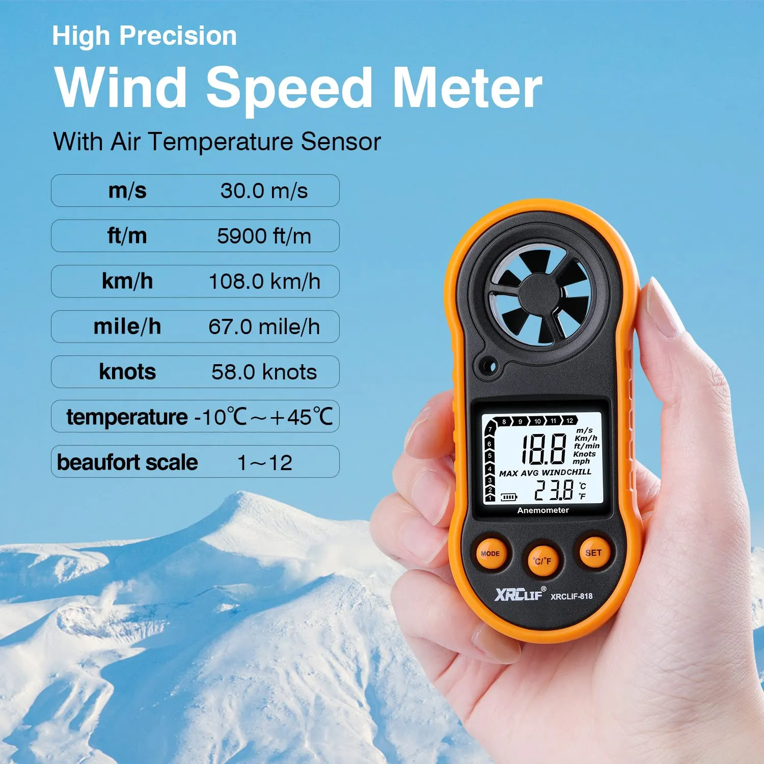 Digital Wind Speed Meter Anemometer Handheld Wind Gauges Air Flow Velocity Meter for Measuring Wind Chill Temperature Speed, Wind Meter Thermometer Gauge for Shooting Windsurfing Fishing Hunting