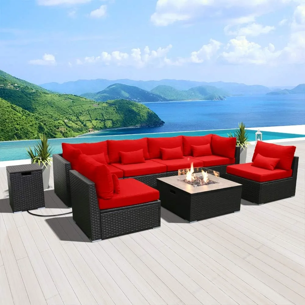 Dineli Patio Furniture Sectional Sofa with Gas Fire Pit Table Outdoor Patio Furniture Sets Propane Fire Pit (red- Square Fire Pit Table)
