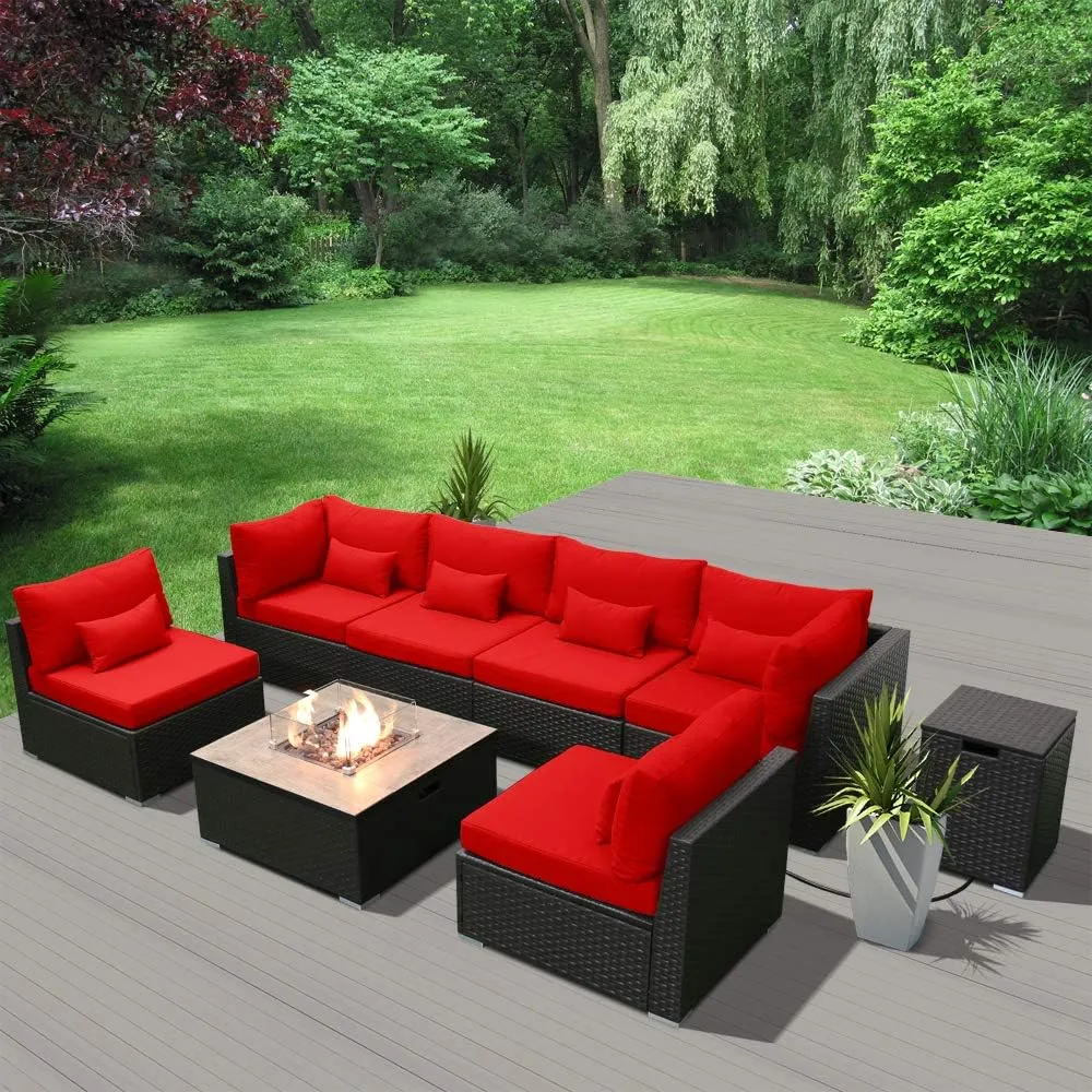 Dineli Patio Furniture Sectional Sofa with Gas Fire Pit Table Outdoor Patio Furniture Sets Propane Fire Pit (red- Square Fire Pit Table)