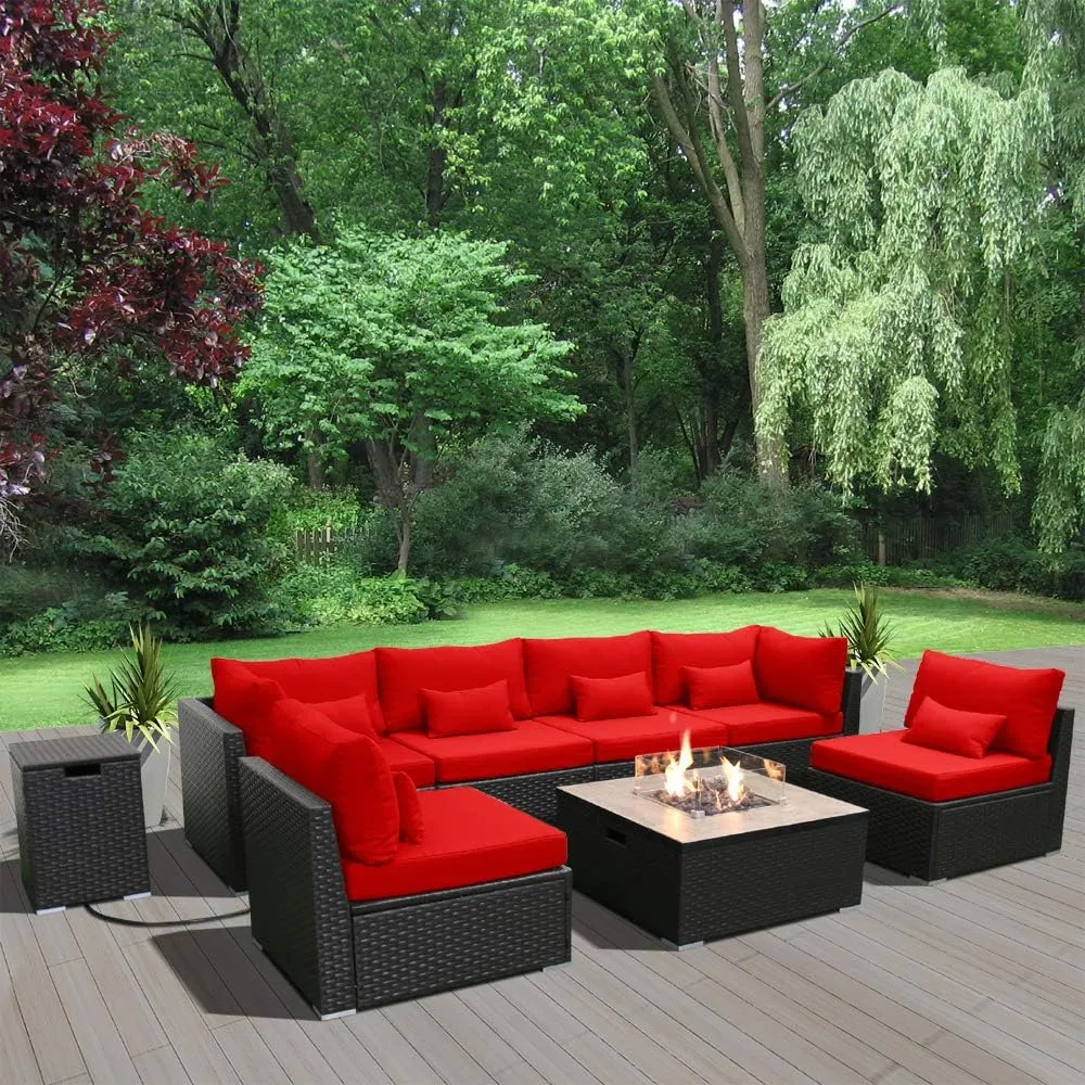 Dineli Patio Furniture Sectional Sofa with Gas Fire Pit Table Outdoor Patio Furniture Sets Propane Fire Pit (red- Square Fire Pit Table)