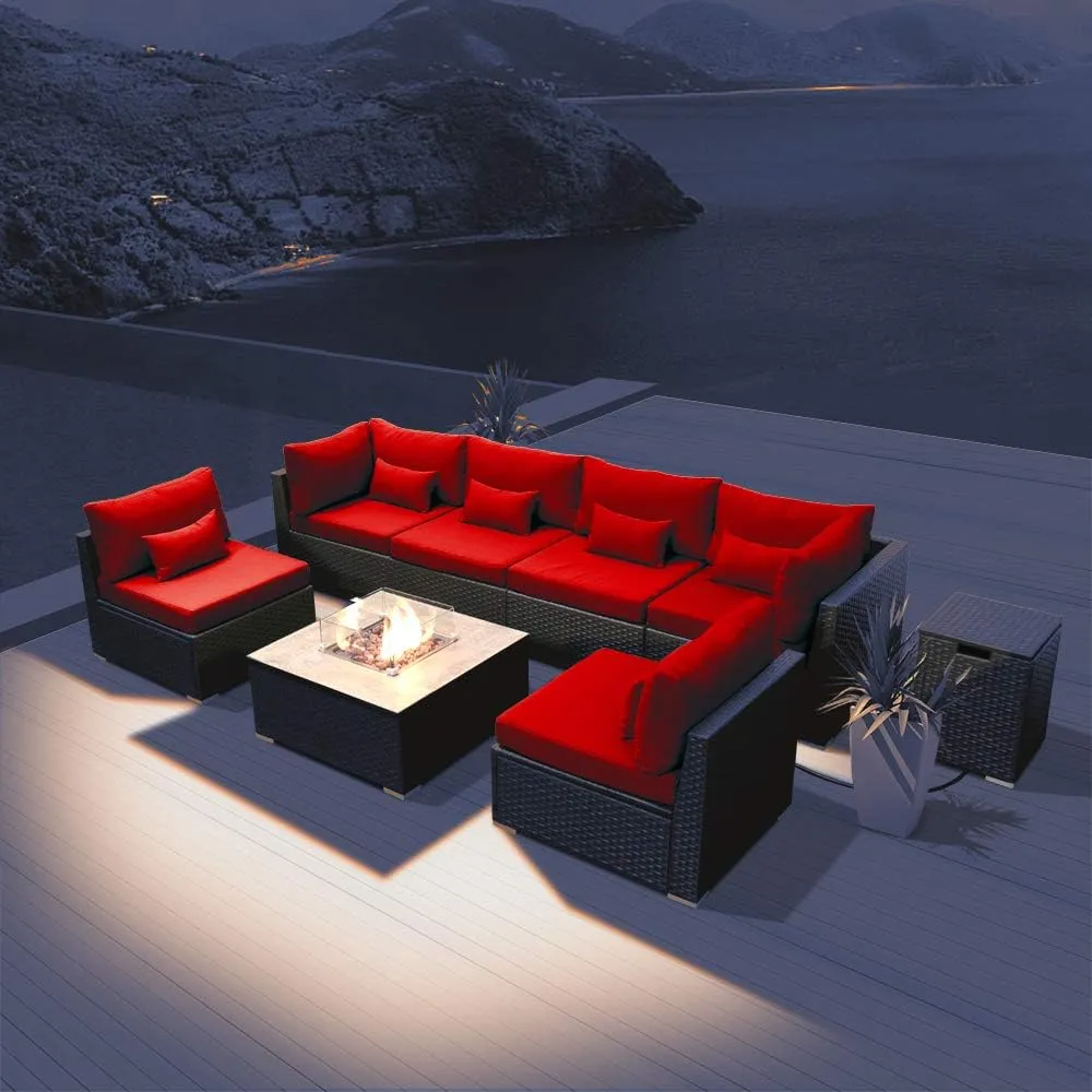Dineli Patio Furniture Sectional Sofa with Gas Fire Pit Table Outdoor Patio Furniture Sets Propane Fire Pit (red- Square Fire Pit Table)