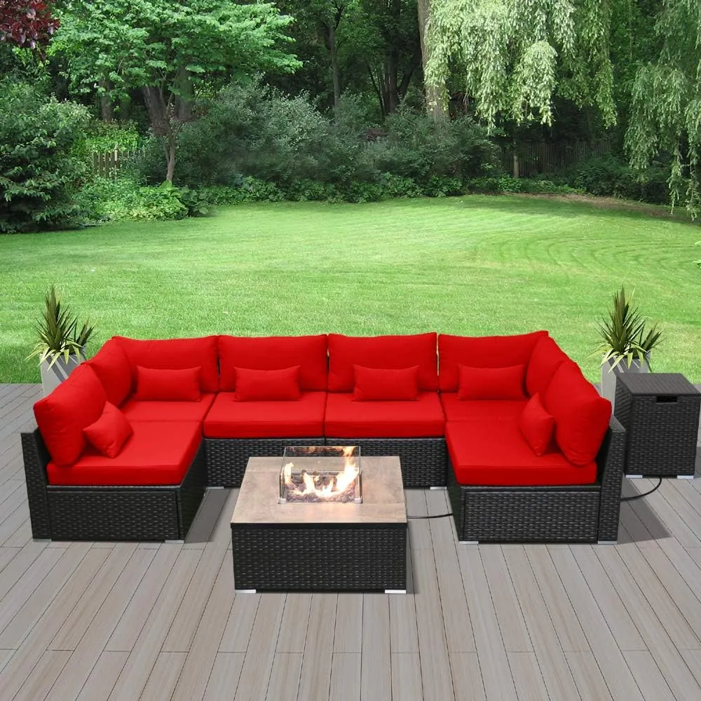 Dineli Patio Furniture Sectional Sofa with Gas Fire Pit Table Outdoor Patio Furniture Sets Propane Fire Pit (red- Square Fire Pit Table)