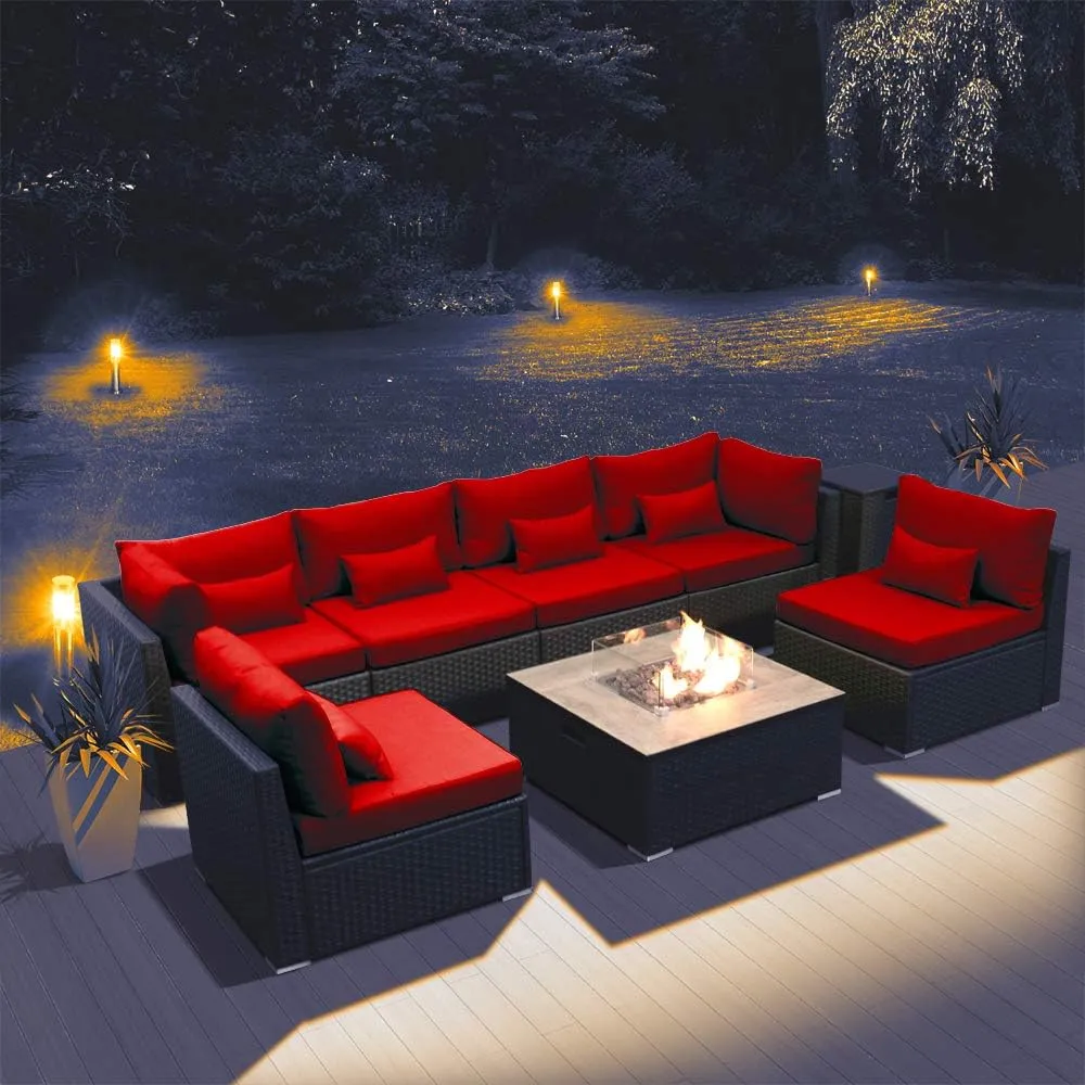 Dineli Patio Furniture Sectional Sofa with Gas Fire Pit Table Outdoor Patio Furniture Sets Propane Fire Pit (red- Square Fire Pit Table)