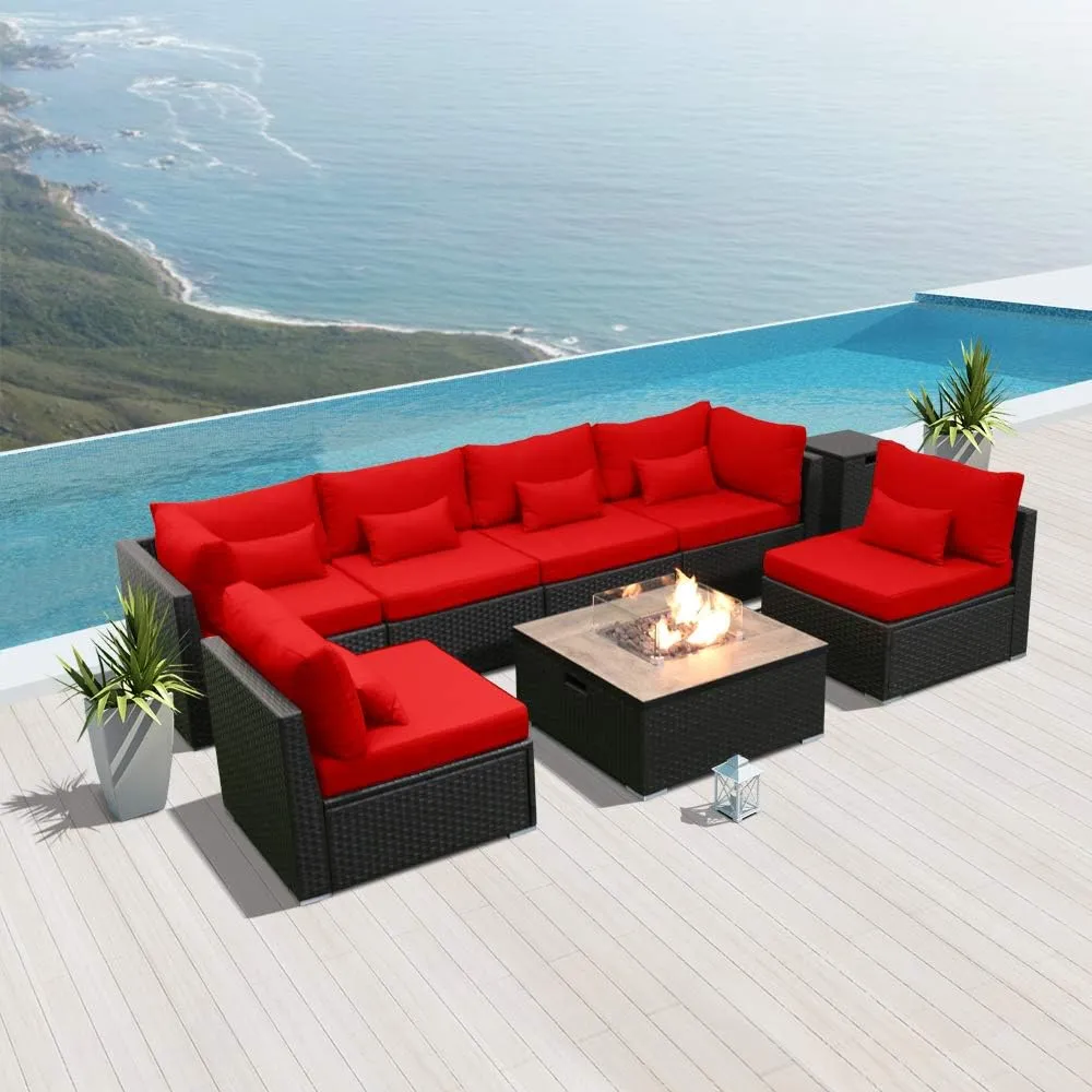 Dineli Patio Furniture Sectional Sofa with Gas Fire Pit Table Outdoor Patio Furniture Sets Propane Fire Pit (red- Square Fire Pit Table)
