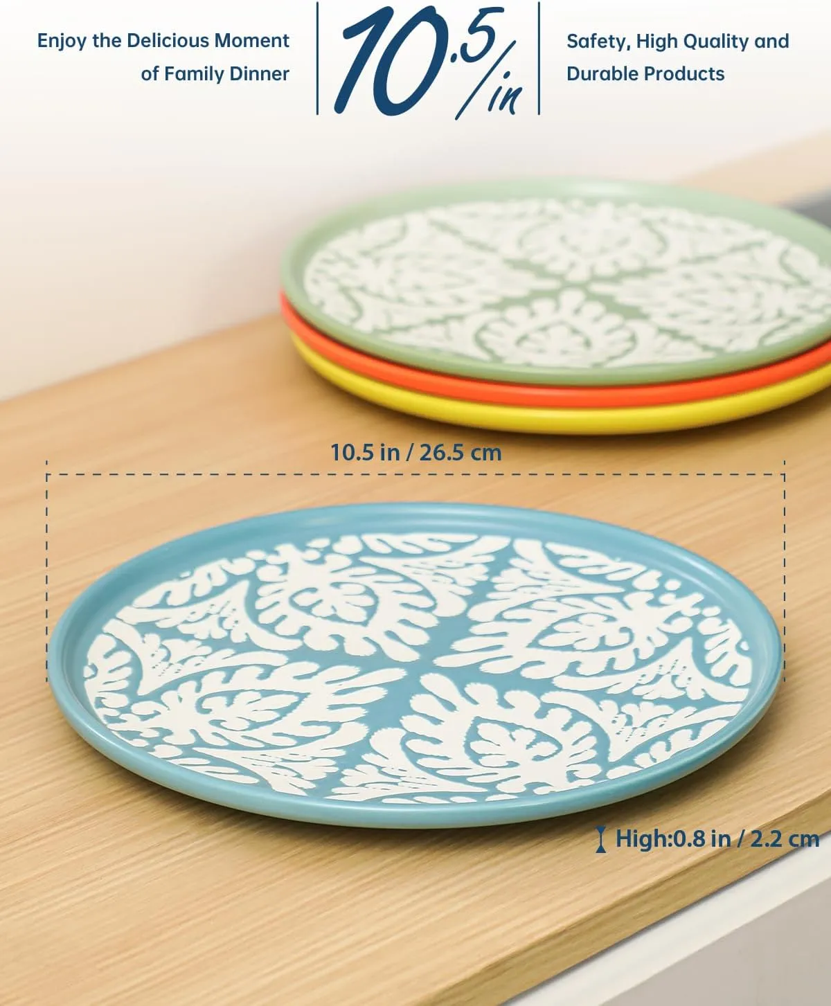 Dinner Plates Set of 4, 10.5 Inch Kitchen Plates Set, Ceramic Serving Dishes Suit for Steak, Pizza and Pancakes, Microwave Dishwasher Safe, Unique Leaf Design Pattern-Matte Multi Colors