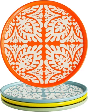 Dinner Plates Set of 4, 10.5 Inch Kitchen Plates Set, Ceramic Serving Dishes Suit for Steak, Pizza and Pancakes, Microwave Dishwasher Safe, Unique Leaf Design Pattern-Matte Multi Colors