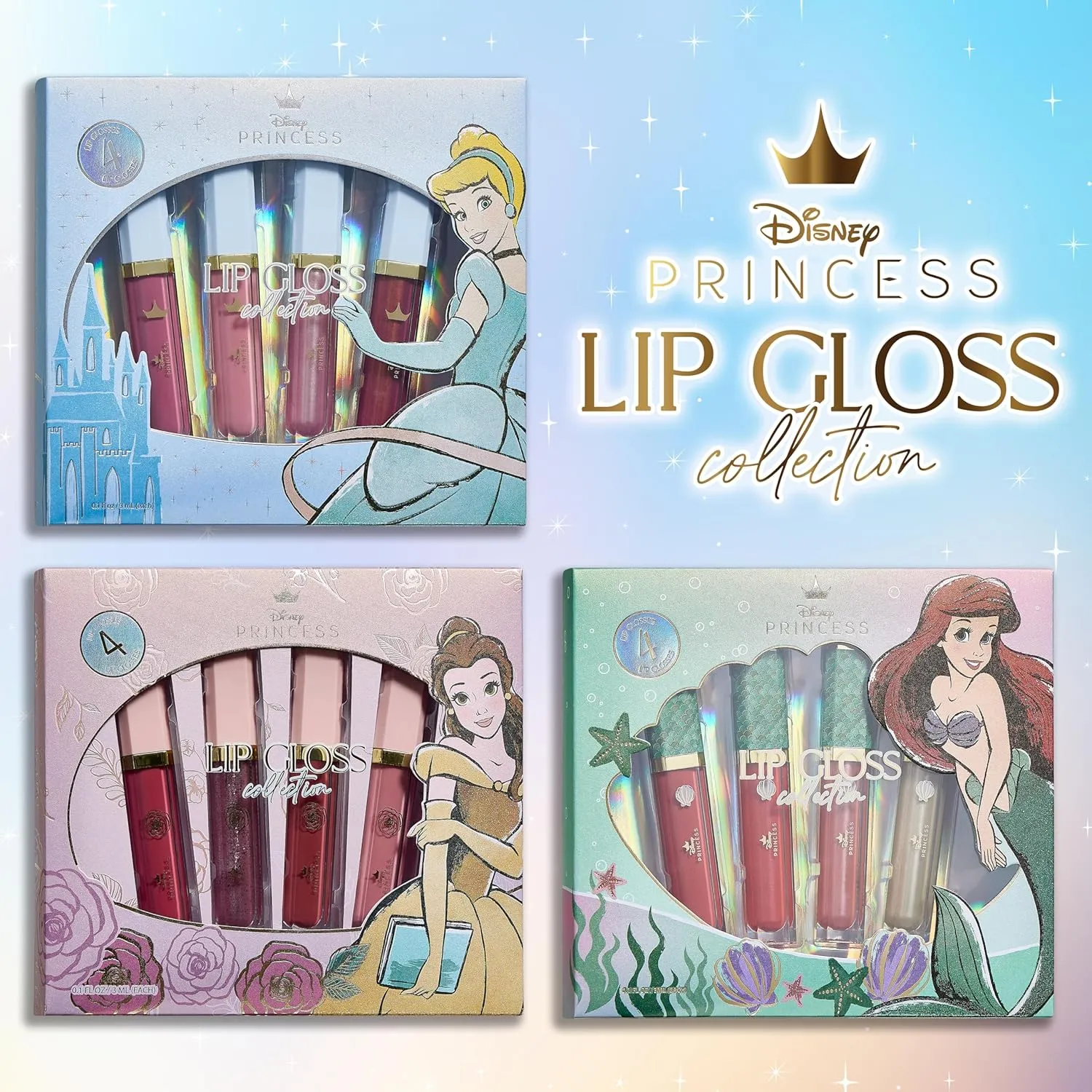 Disney Lip Gloss Collection, Belle Masion – Cosmetic Makeup Set for Daily Glam for Women and Girls, Princess Mix, 12 Pcs