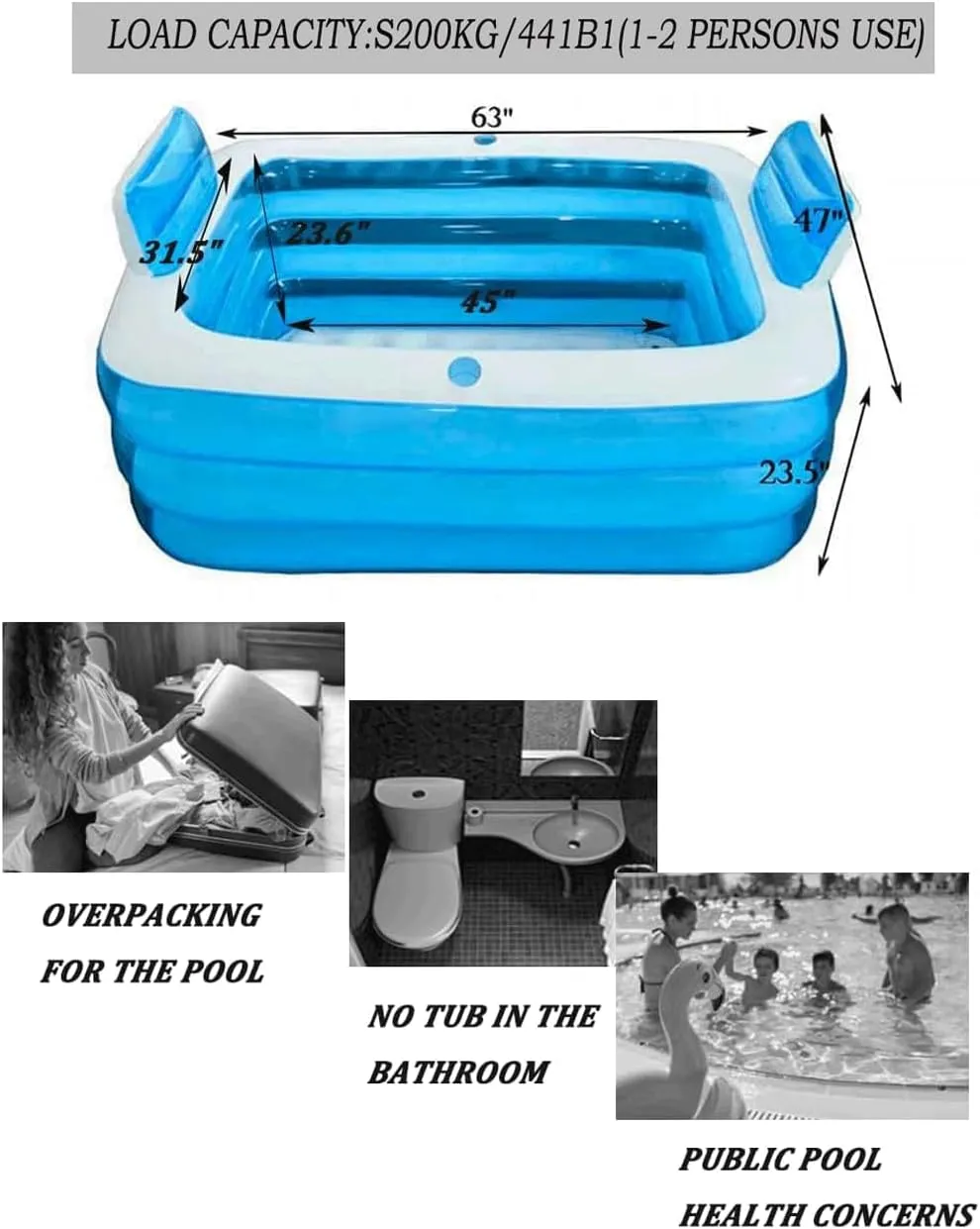 Double Inflatable Bathtub with Electric Air Pump and Bath Pillow Headrest, Portable Blow Up Bath Tub for Adults, Outdoor & Indoor Freestanding Foldable Spa Tub with Drainage Cup Holder