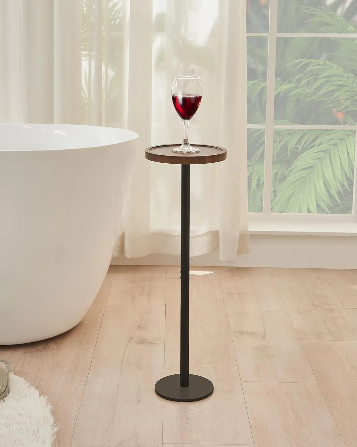 Drink Table, Small Pedestal Side Table, Round Cocktail Table, End Table with Metal Base, for Small Spaces, Walnut Brown
