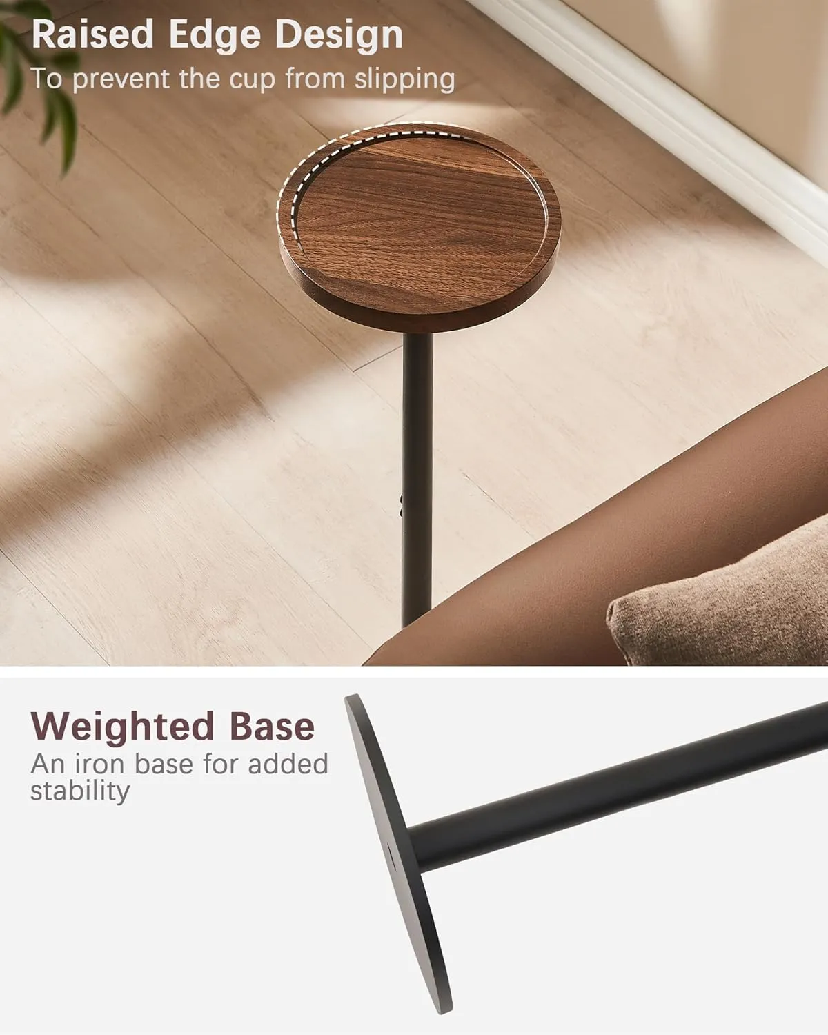 Drink Table, Small Pedestal Side Table, Round Cocktail Table, End Table with Metal Base, for Small Spaces, Walnut Brown