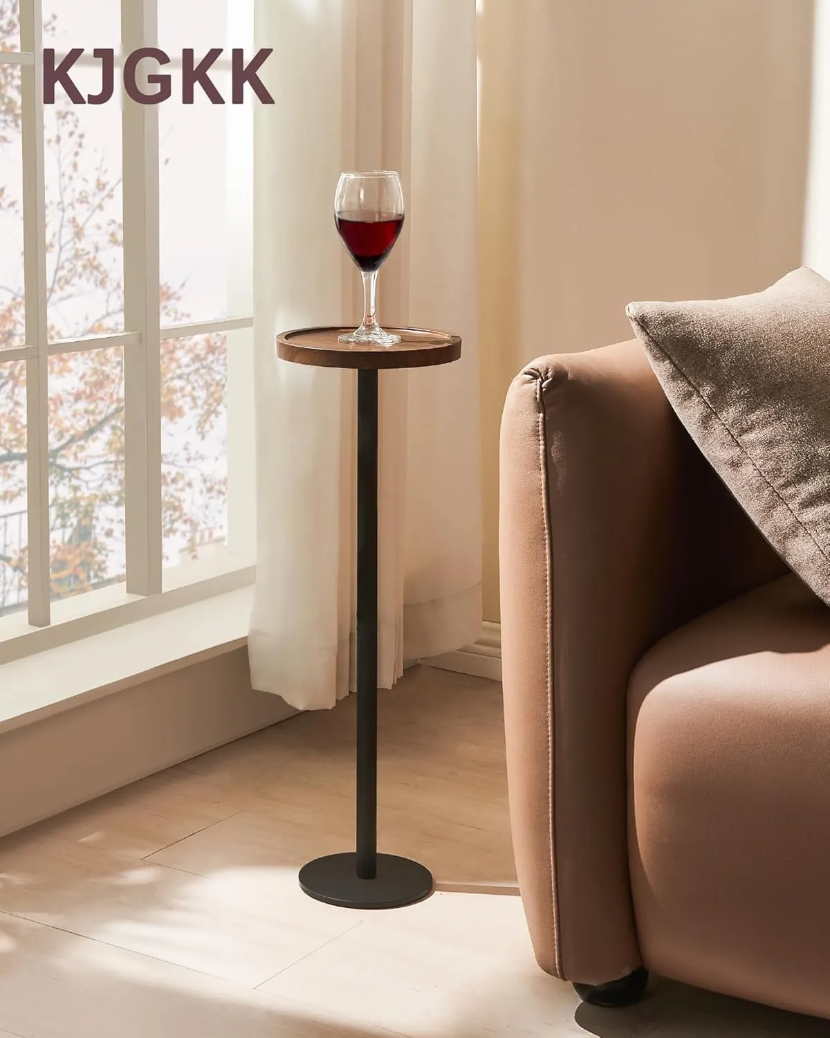 Drink Table, Small Pedestal Side Table, Round Cocktail Table, End Table with Metal Base, for Small Spaces, Walnut Brown