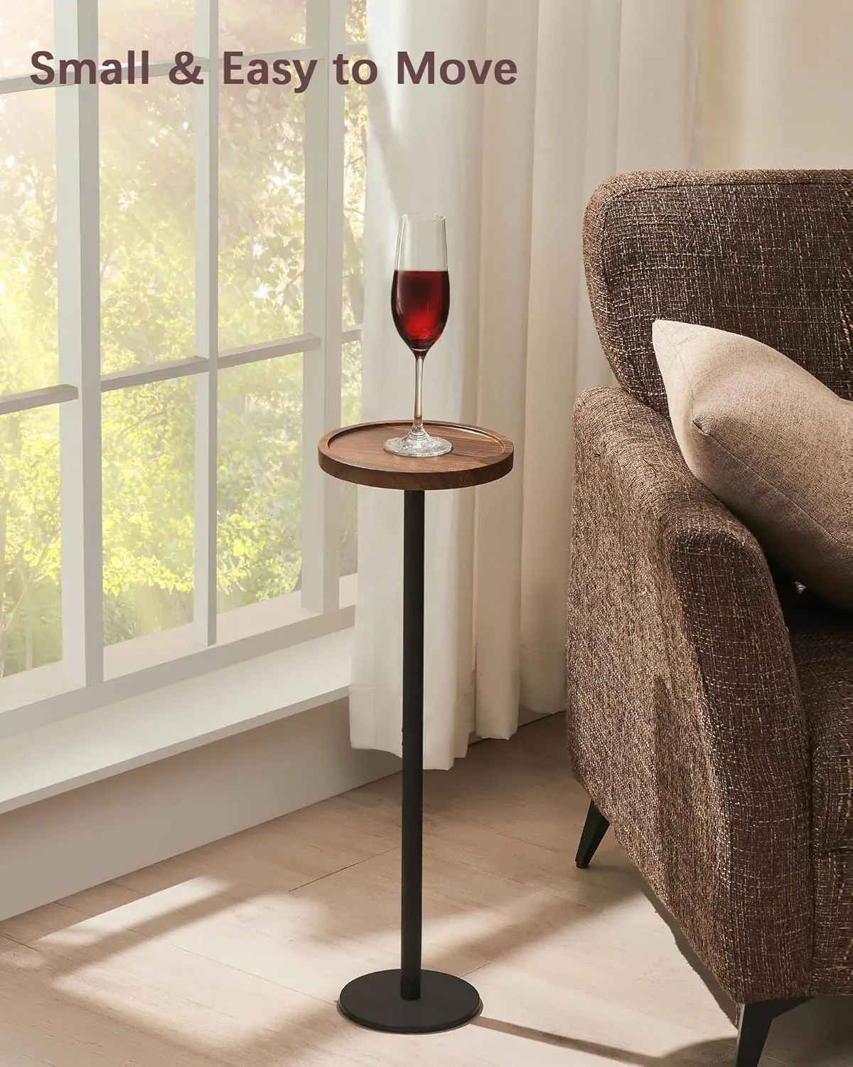 Drink Table, Small Pedestal Side Table, Round Cocktail Table, End Table with Metal Base, for Small Spaces, Walnut Brown