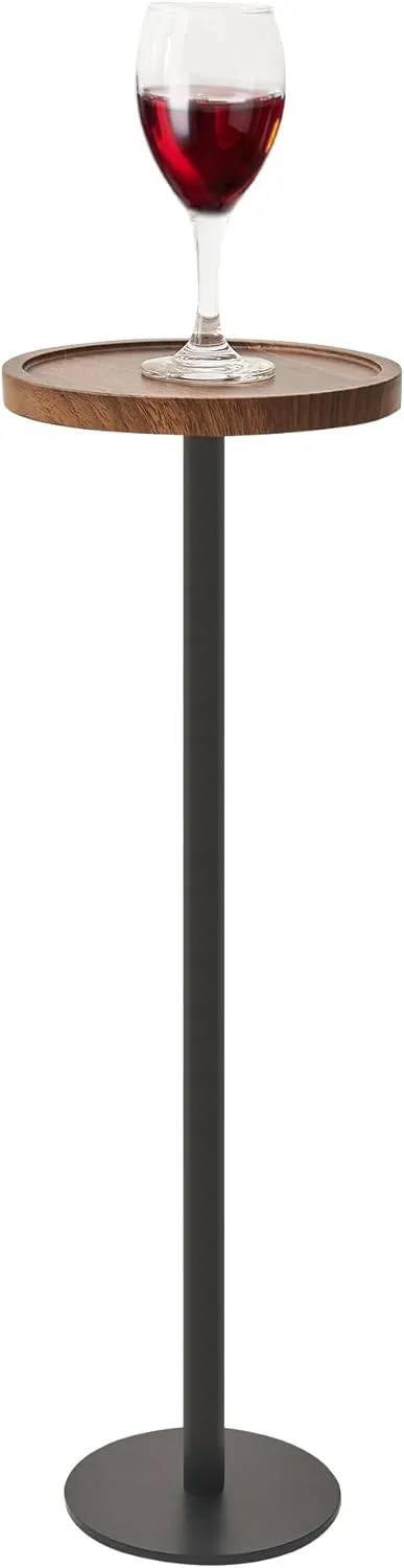 Drink Table, Small Pedestal Side Table, Round Cocktail Table, End Table with Metal Base, for Small Spaces, Walnut Brown