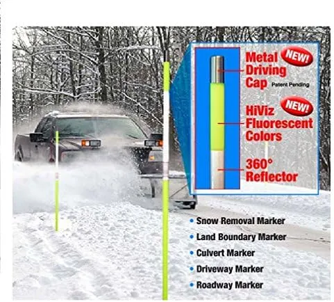 Driveway Snow Poles Reflective Markers 48" with Metal Caps, Multiple Quantities and Colors (12, Lime-Yellow)