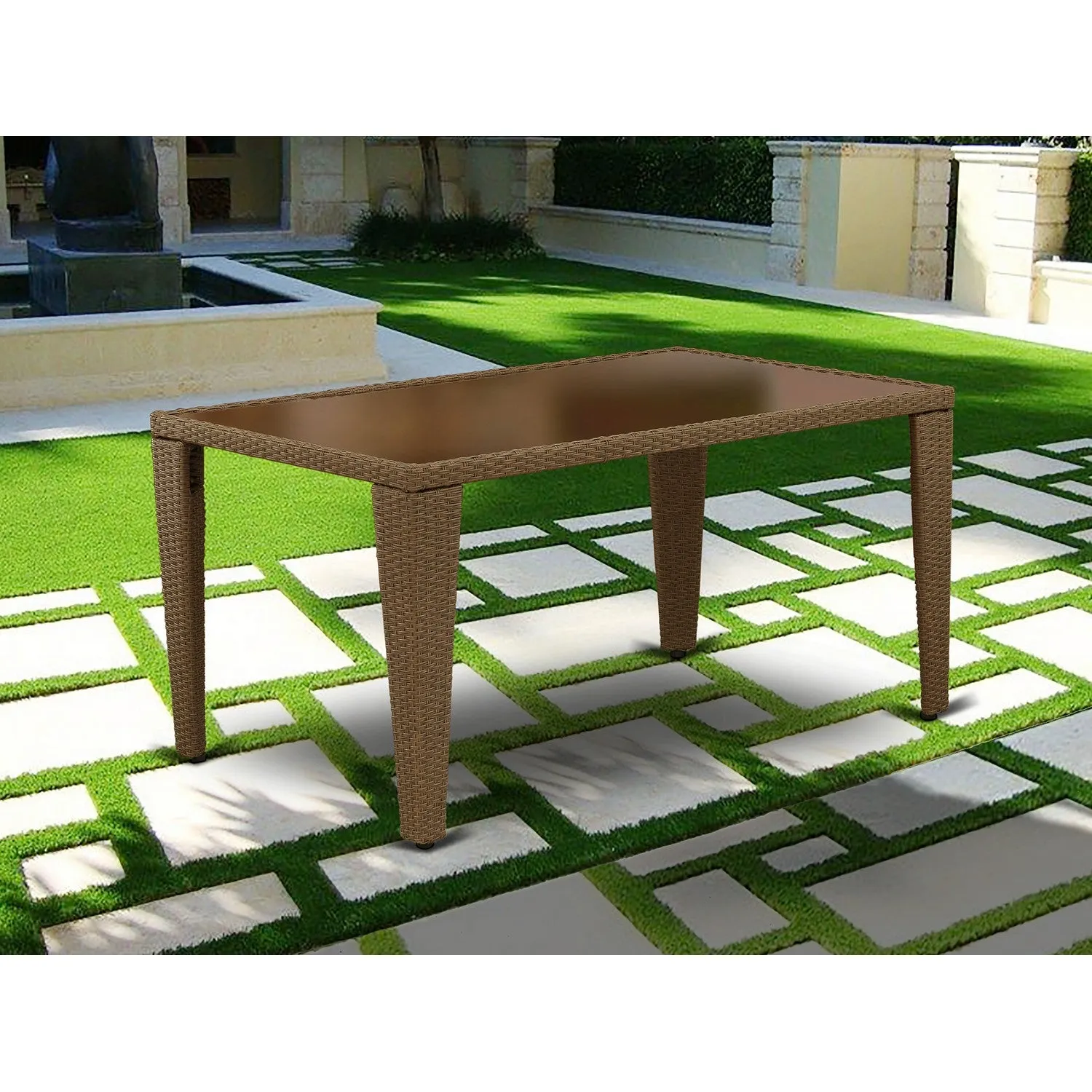 East West Furniture GULTG02 Gudhjem Patio Bistro Wicker Dining Table - Rectangle PE Wicker Table with Glass Top, 36x60 Inch, Brown