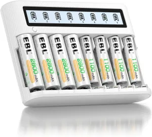 EBL 8 Bay Battery Charger with LCD Screen Fast Charging, AA AAA Battery Charger with 2800mAh NiMH AA Batteries 4pcs & 1100mAh AAA Battery 4pcs Combo