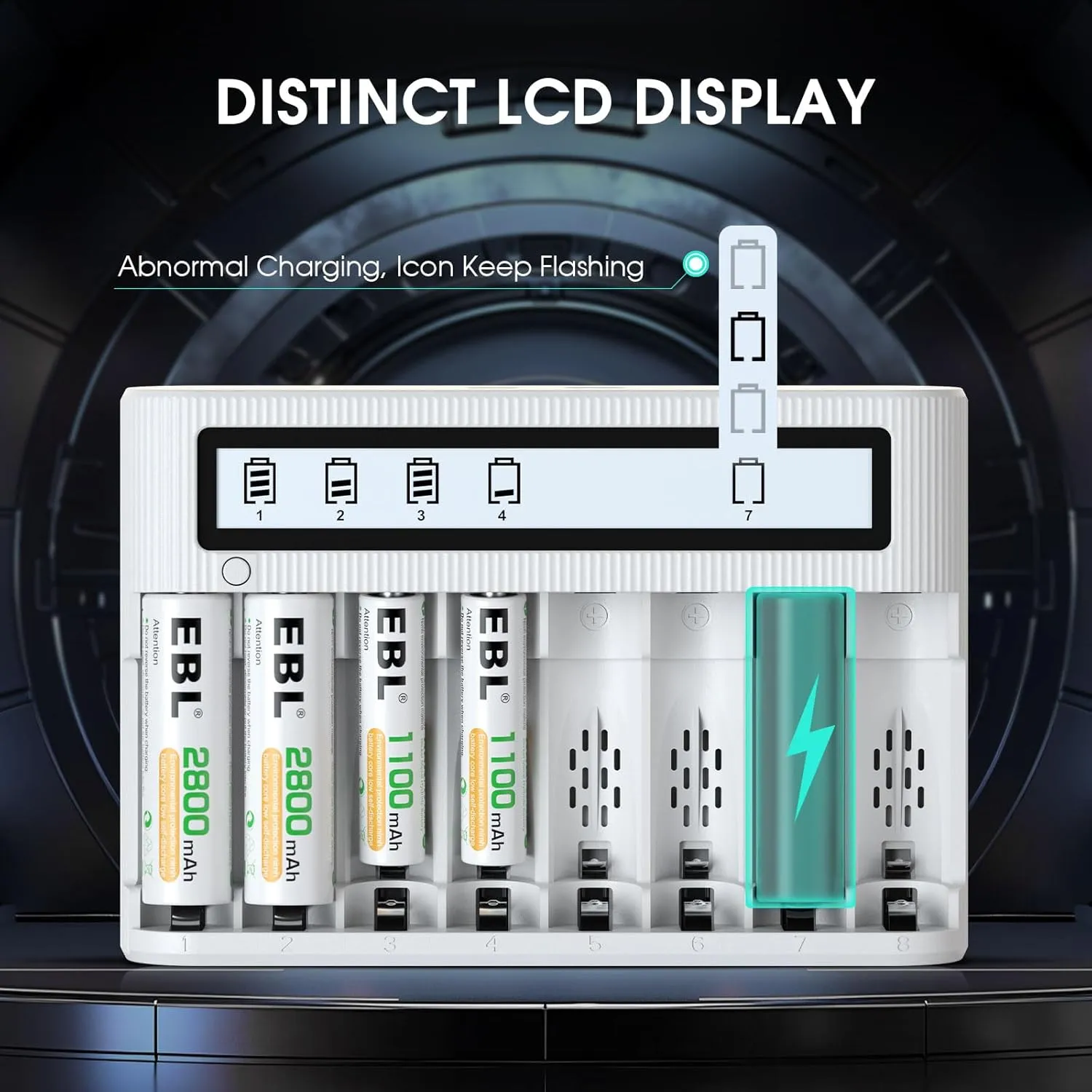 EBL 8 Bay Battery Charger with LCD Screen Fast Charging, AA AAA Battery Charger with 2800mAh NiMH AA Batteries 4pcs & 1100mAh AAA Battery 4pcs Combo