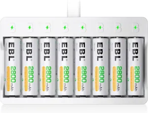 EBL Rechargeable AA Batteries 8 Pack, Ni-MH 2800mAh Double A Battery and 8-Bay AA AAA Individual USB Battery Charger for NIMH NiCd Battery