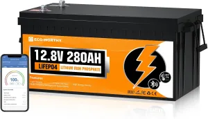 ECO-WORTHY 12V 280AH LiFePO4 Lithium Battery with Bluetooth, Low Temp Protection, Built-in 200A BMS, 3584Wh Energy. Perfect for Off-Grid, RV, Solar System, Camper, Travel Trailer, Backup System