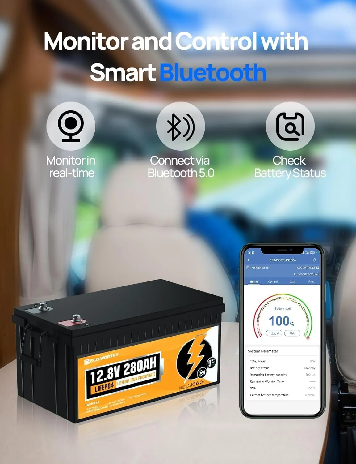 ECO-WORTHY 12V 280AH LiFePO4 Lithium Battery with Bluetooth, Low Temp Protection, Built-in 200A BMS, 3584Wh Energy. Perfect for Off-Grid, RV, Solar System, Camper, Travel Trailer, Backup System