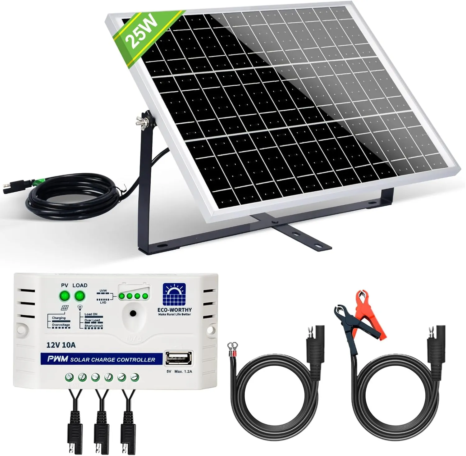 ECO-WORTHY 25 Watts 12V Off Grid Solar Battery Charger Kit: Waterproof Solar Panel   Adjustable Mount Bracket   SAE Connection Cable  10A Charge Controller for Car RV Marine Boat 12V Battery
