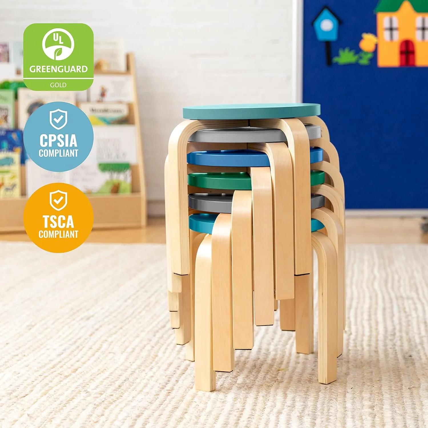 ECR4Kids Bentwood Stackable Stools, Classroom Furniture, Contemporary, 6-Piece
