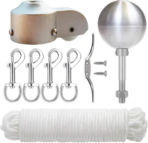 EKEV Flag Pole Hardware Parts Repair Kits - 3" Topper Silver Ball   50 Ft Halyard Rope   6" Cleat Hook   4 Flag Swivel Snap Hooks   Flagpole Pulley Truck for 2" OD Tube